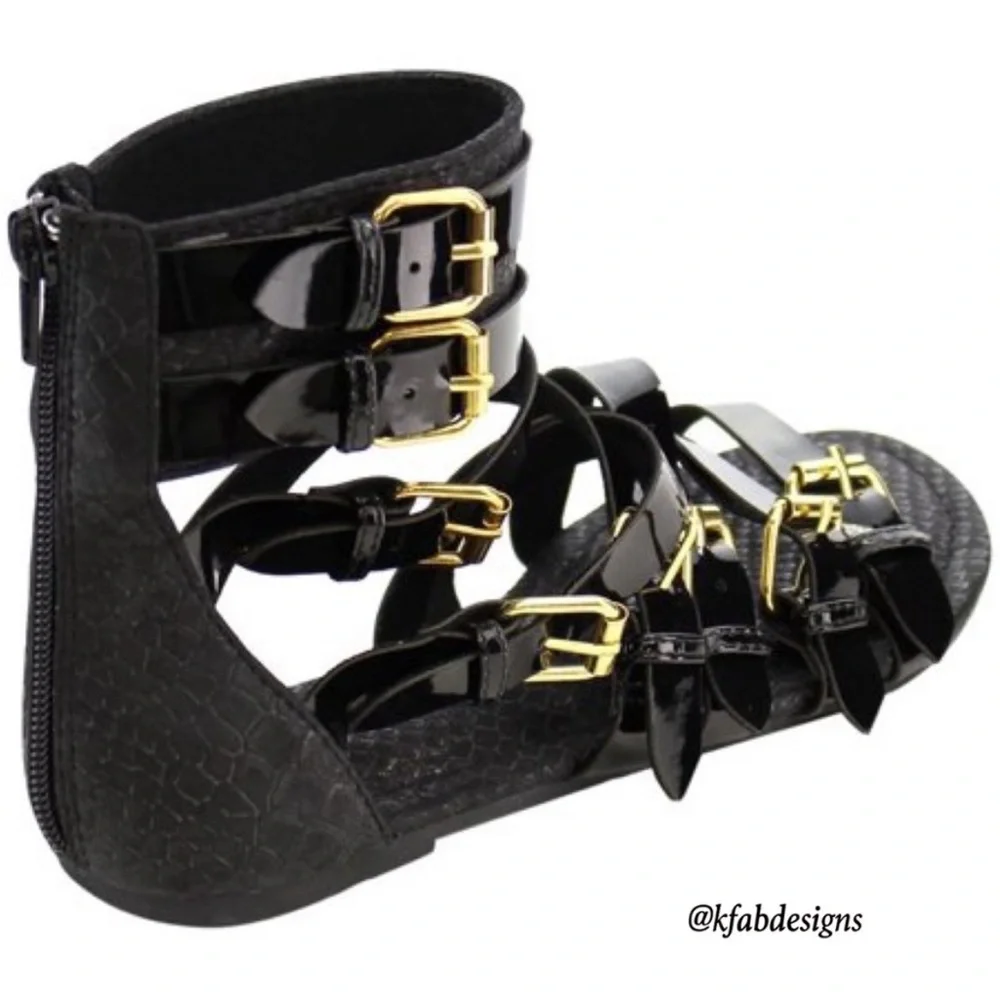 LAST 2! Strappy Black Zipper Textured Gladiator FlatSandal-Gold Tone Buckles - Picture 5 of 8